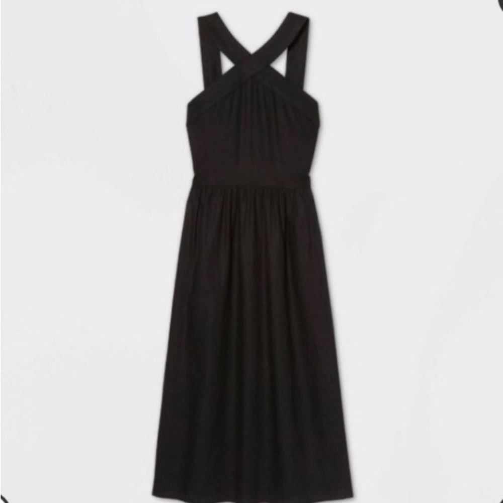 Black Linen Blend Criss Cross Halter Neck Dress Size XS A New Day Midi